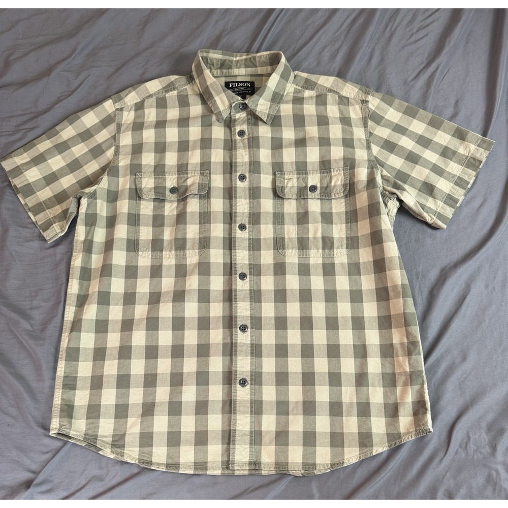 Filson Lightweight Kitsap Work Shirt Men's Large Olive Khaki Check Plaid S/S